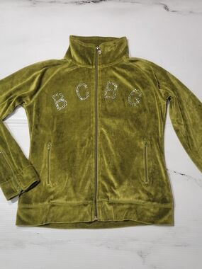 BCBGMAXAZRIA Womens P/L Olive Green Velour Rhinestone Logo Zip Jacket Y2K 2000s